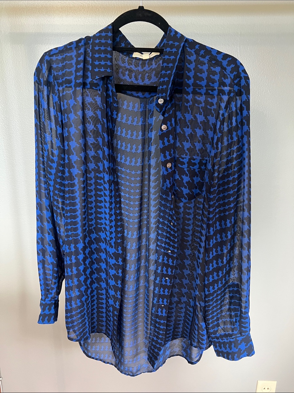 Vince Camuto Blue and Black Geometric Sheer Blouse